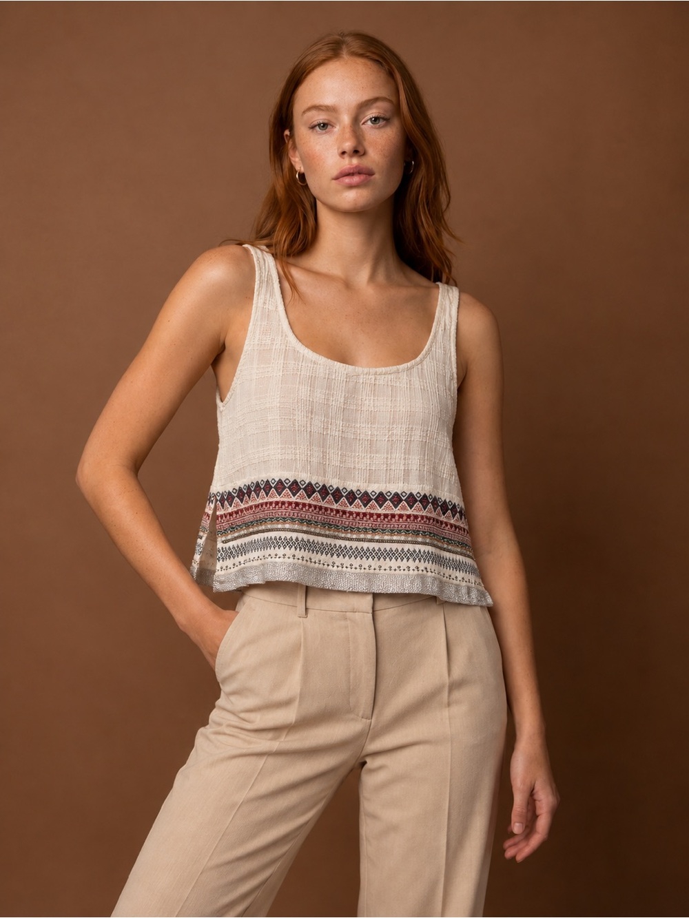 Ecote Boho Embroidered Beaded 100% Cotton Crop Top Ivory Ecru M Y2K Minimalist